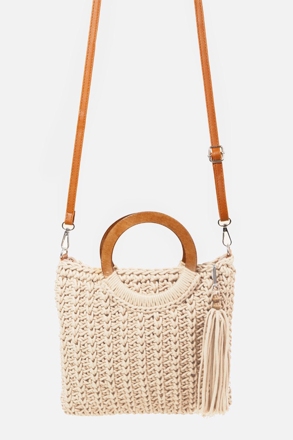 Fame Crochet Knit Convertible Tote Bag with Tassel - Celeste