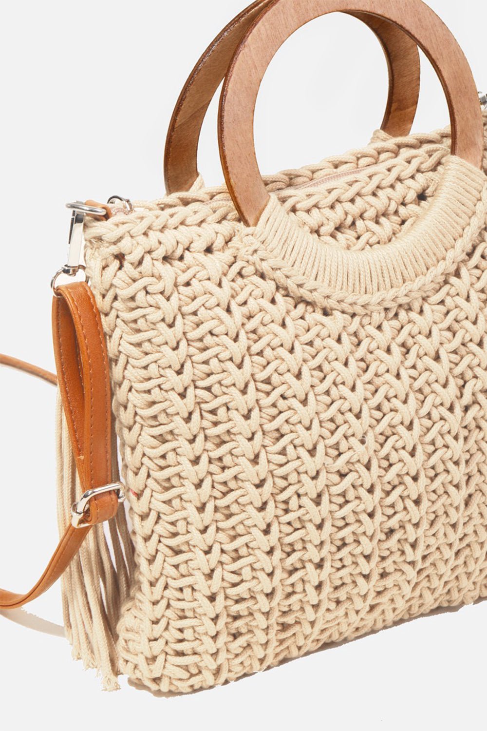 Fame Crochet Knit Convertible Tote Bag with Tassel - Celeste