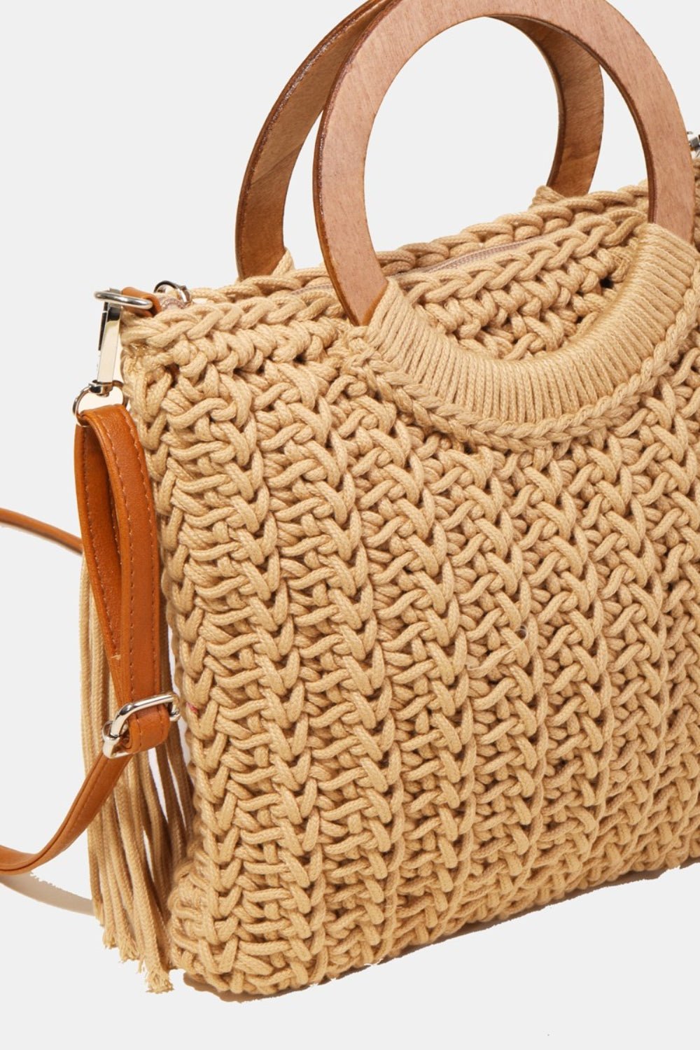 Fame Crochet Knit Convertible Tote Bag with Tassel - Celeste