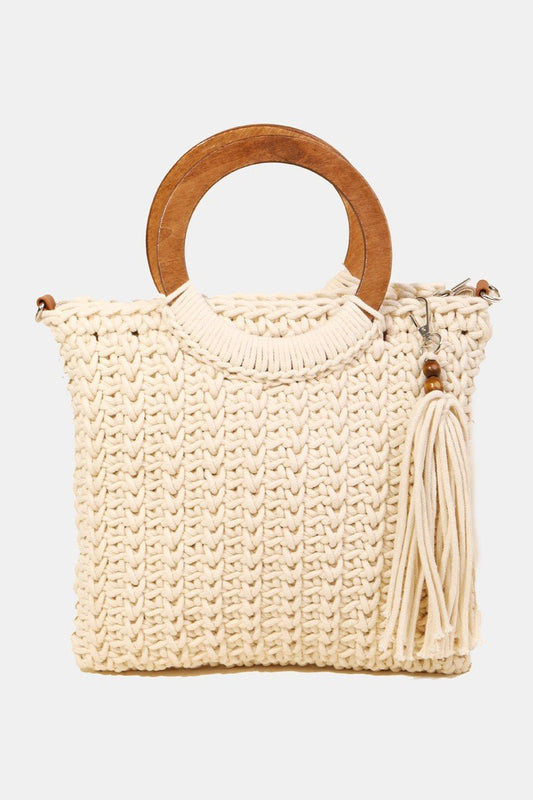 Fame Crochet Knit Convertible Tote Bag with Tassel - Celeste