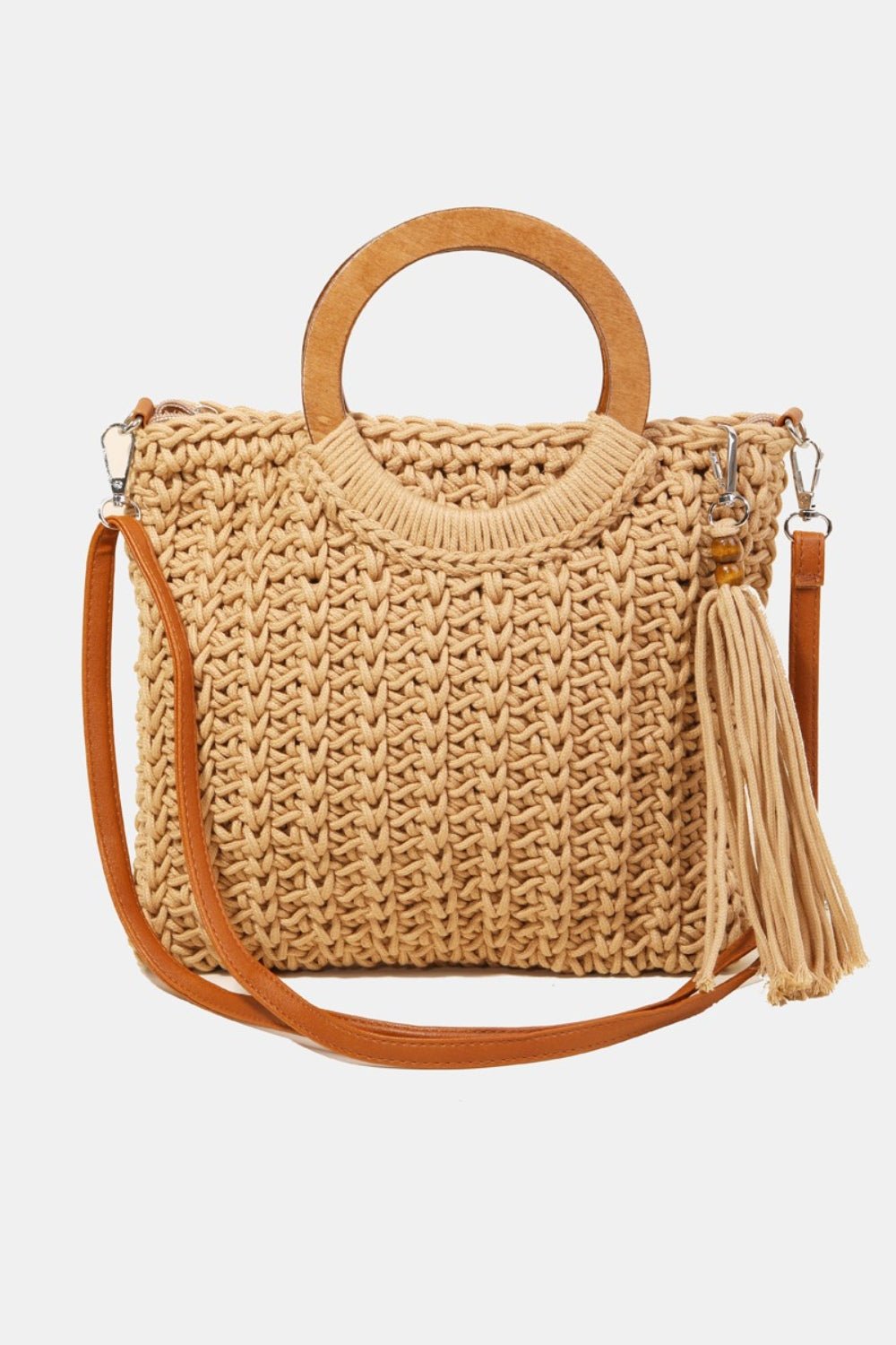 Fame Crochet Knit Convertible Tote Bag with Tassel - Celeste