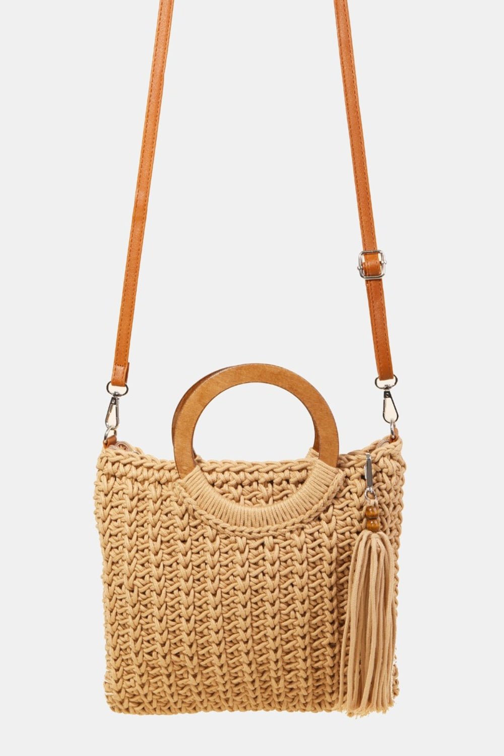 Fame Crochet Knit Convertible Tote Bag with Tassel - Celeste