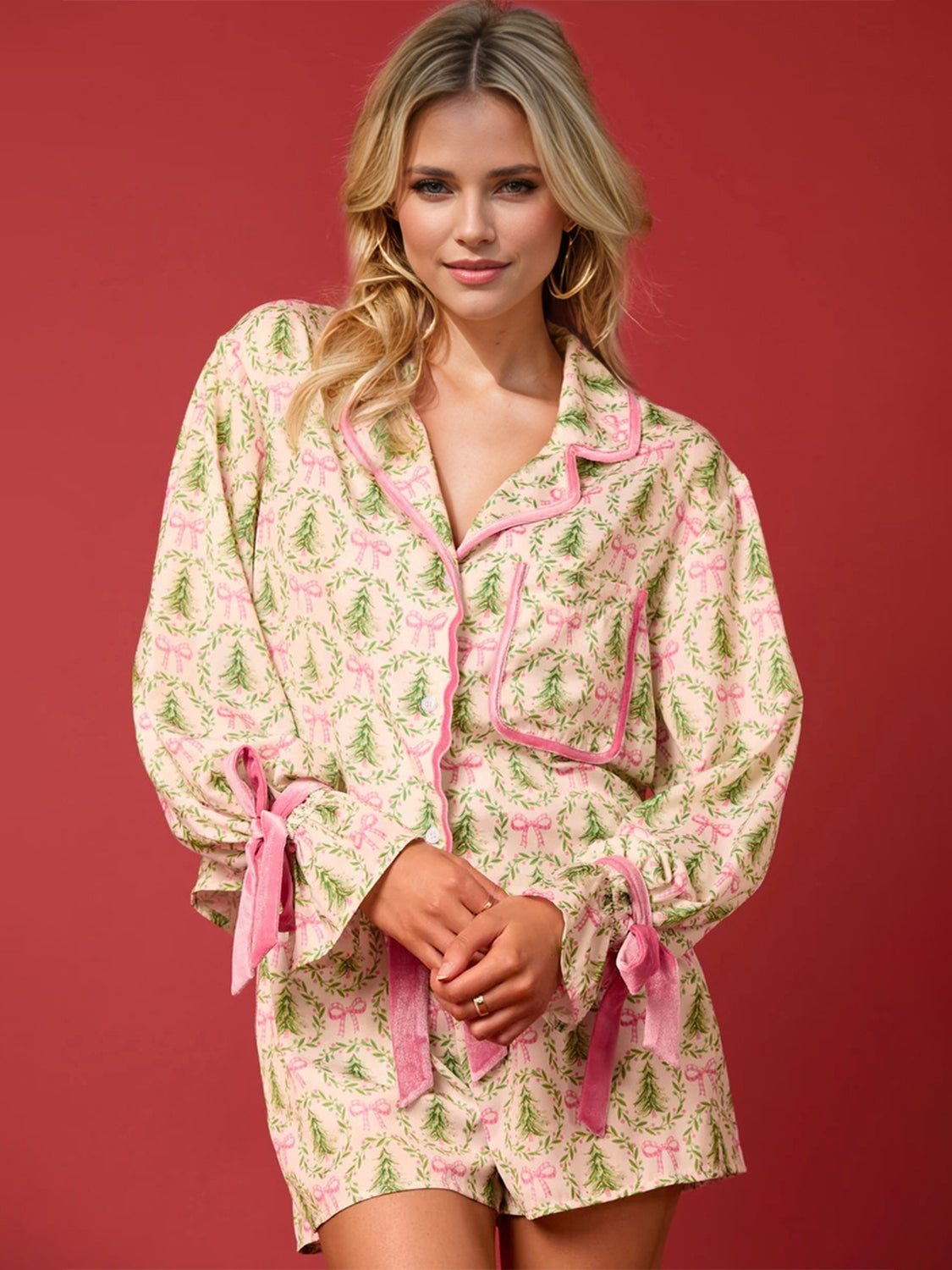 Tied Printed Collared Neck Long Sleeve Top and Shorts Set - Celeste    