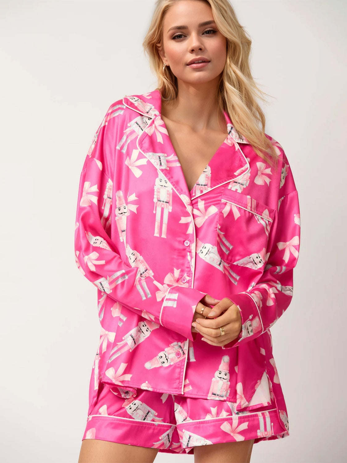 Printed Collared Neck Long Sleeve Top and Shorts Set - Celeste    