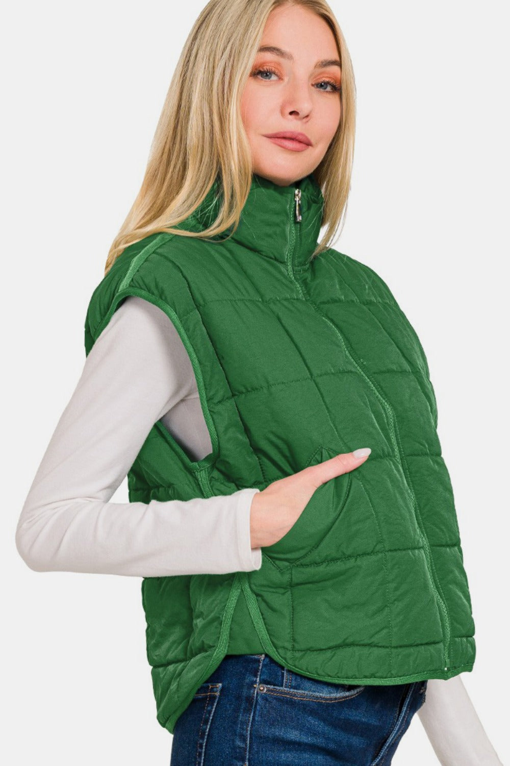 Zenana Zip Up Cropped Puffer Vest with Pockets - Celeste    