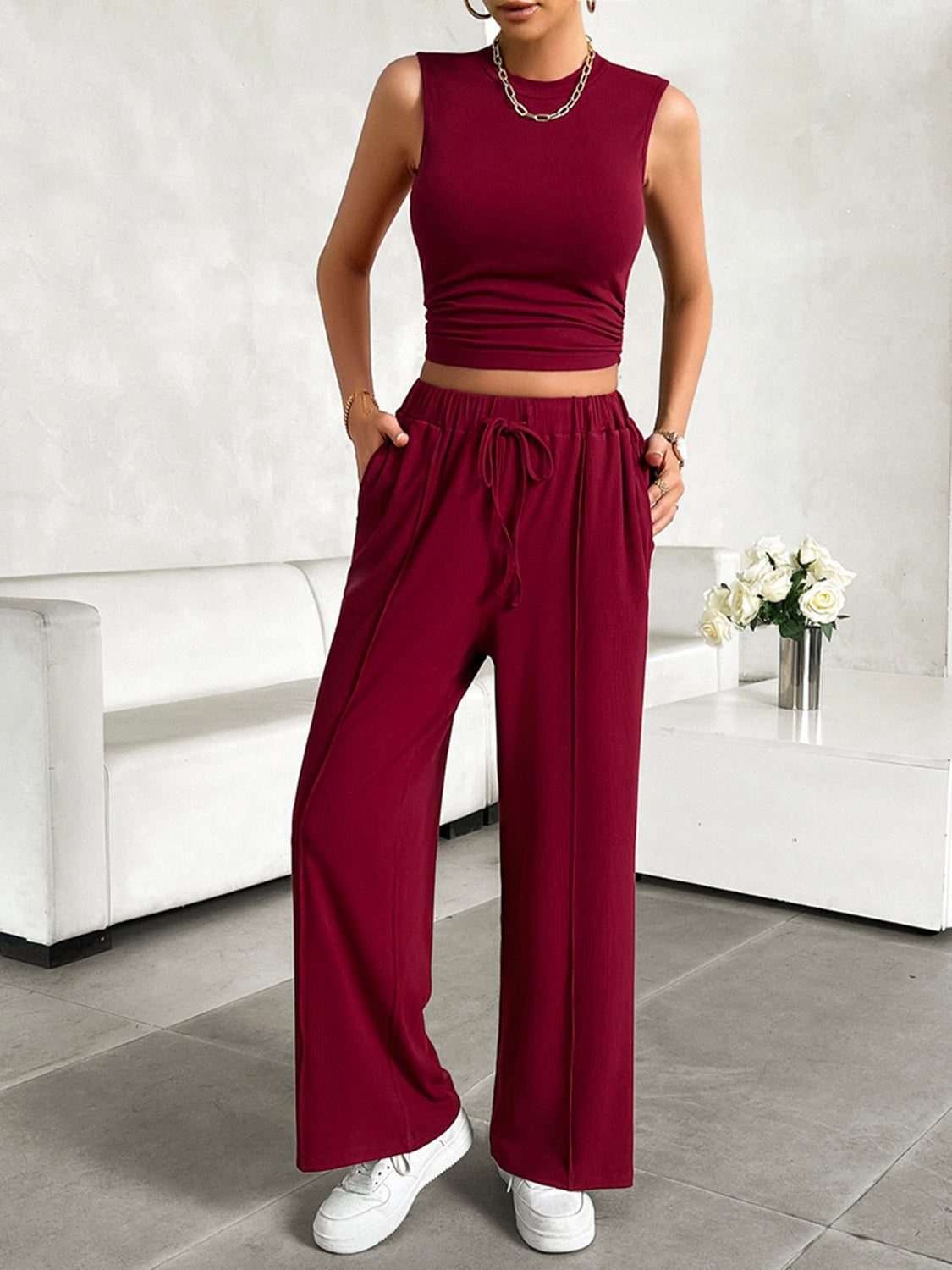 Devine Mock Neck Sleeveless Top and Drawstring Pants Set - Celeste    