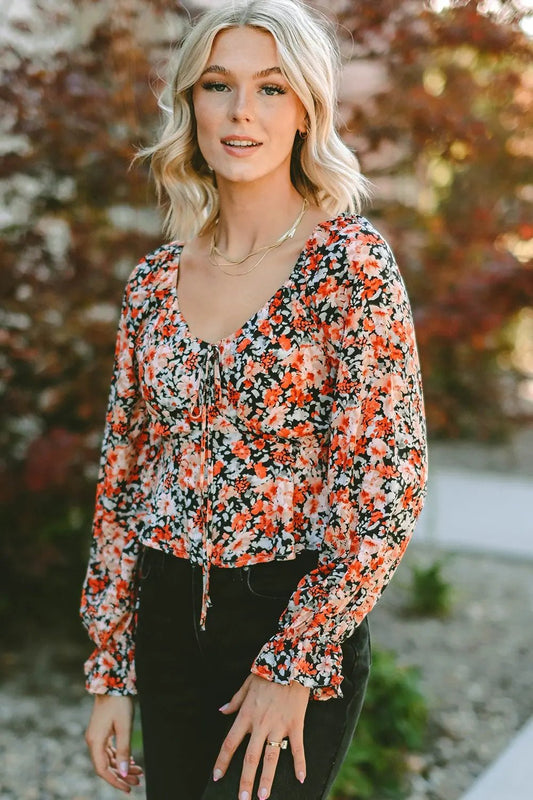 Floral Tied Flounce Sleeve Peplum Blouse - Celeste