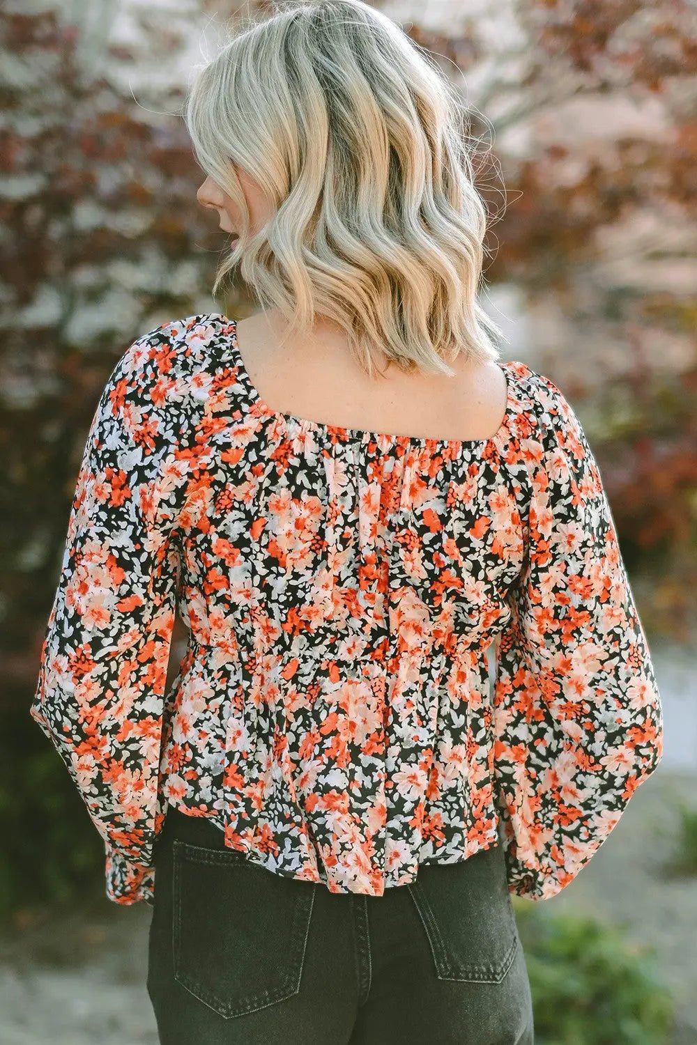 Floral Tied Flounce Sleeve Peplum Blouse - Celeste