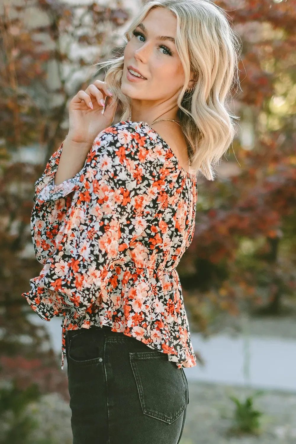 Floral Tied Flounce Sleeve Peplum Blouse - Celeste