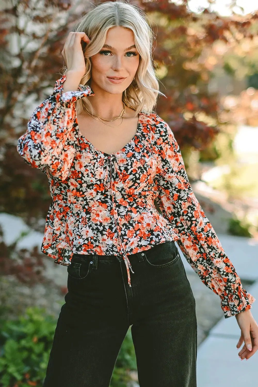 Floral Tied Flounce Sleeve Peplum Blouse - Celeste