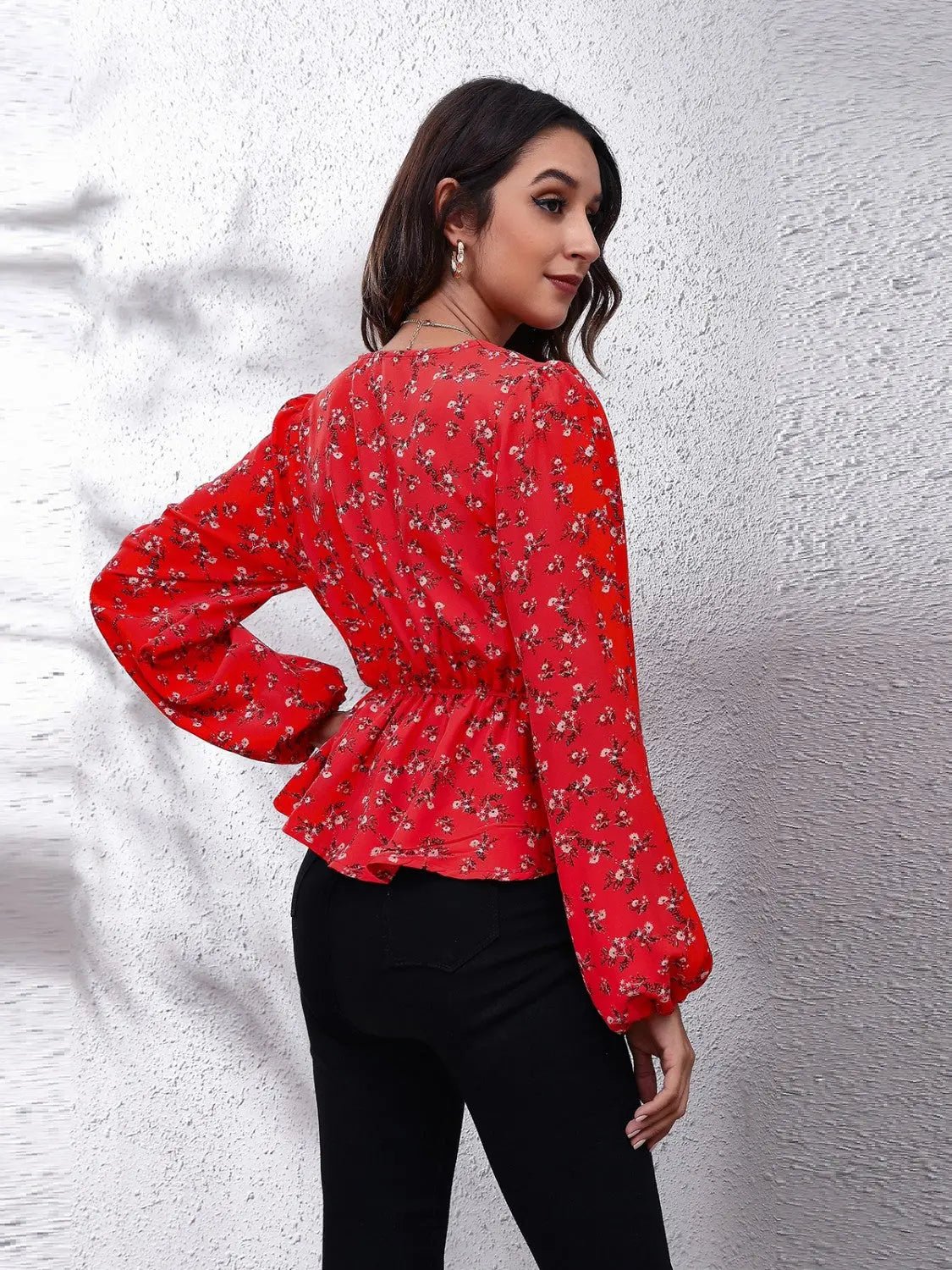 Floral V - Neck Balloon Sleeve Peplum Blouse - Celeste