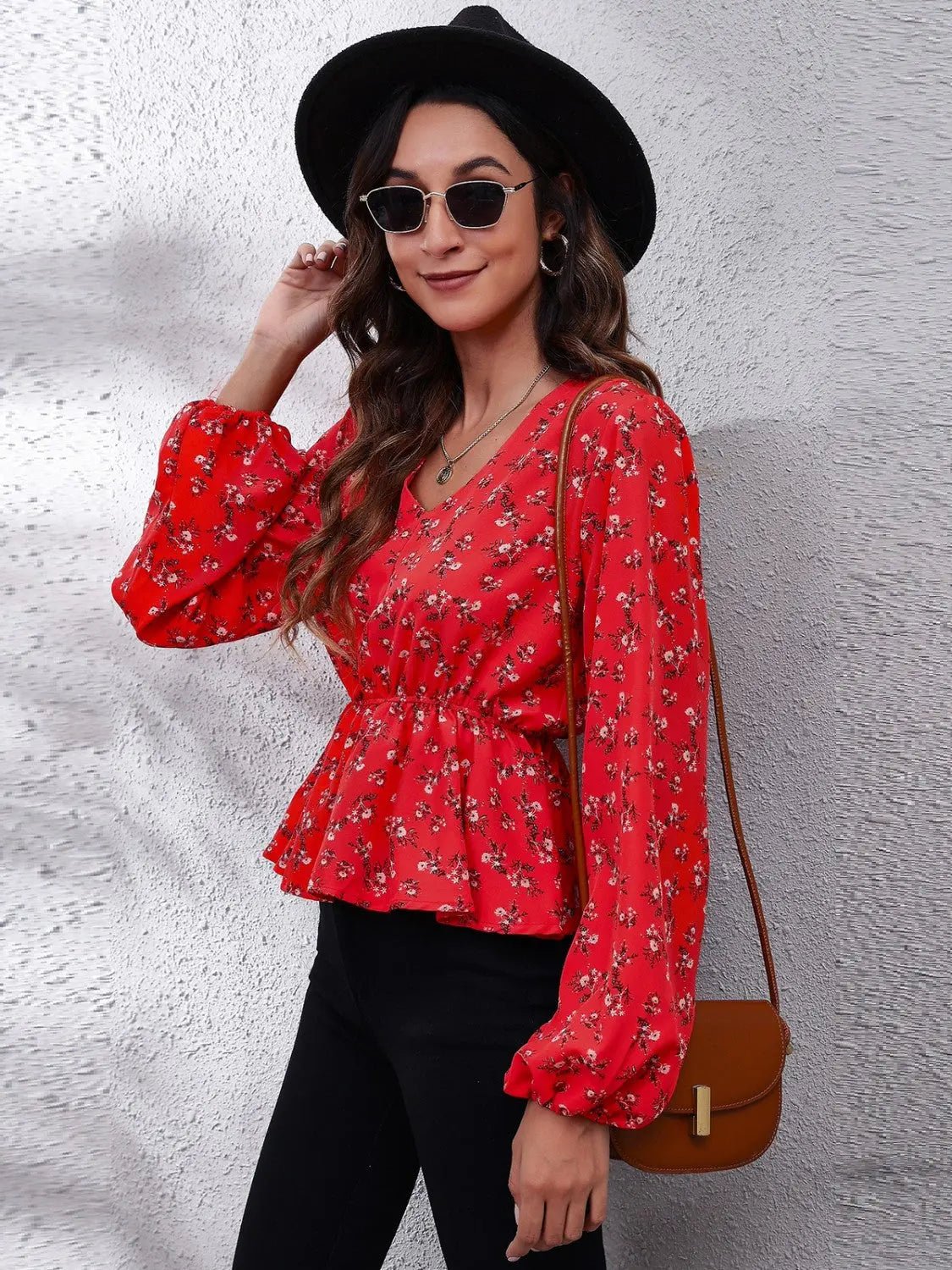 Floral V - Neck Balloon Sleeve Peplum Blouse - Celeste