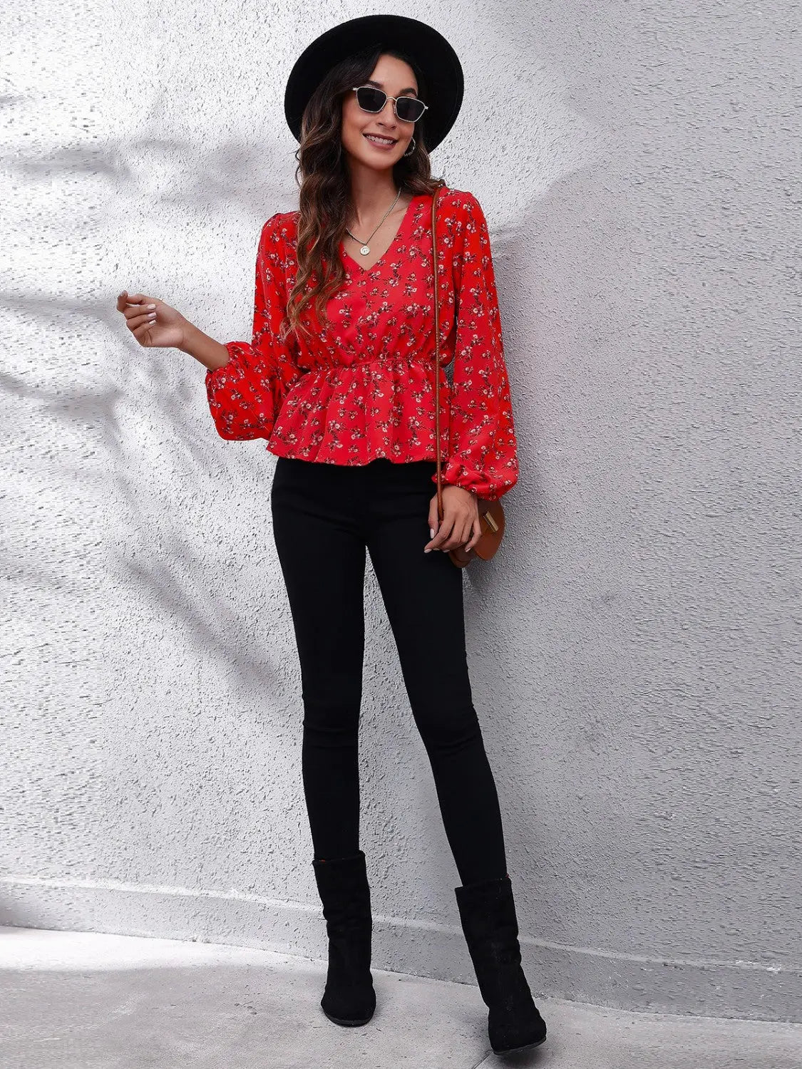 Floral V - Neck Balloon Sleeve Peplum Blouse - Celeste