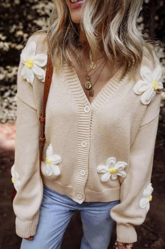 Flower Dropped Shoulder Long Sleeve Cardigan - Celeste