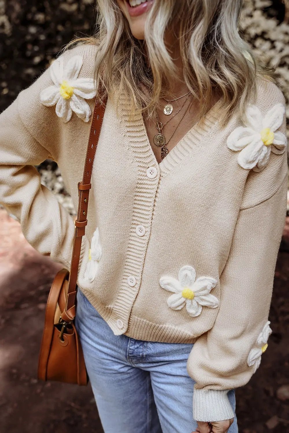 Flower Dropped Shoulder Long Sleeve Cardigan - Celeste