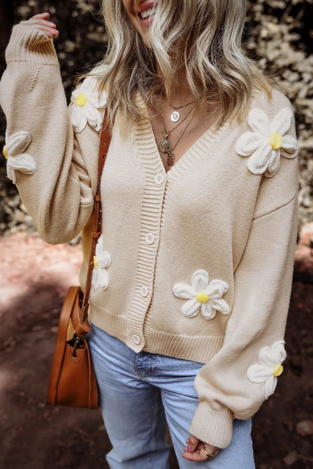 Flower Dropped Shoulder Long Sleeve Cardigan - Celeste