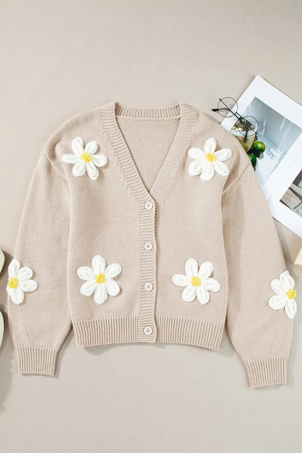 Flower Dropped Shoulder Long Sleeve Cardigan - Celeste