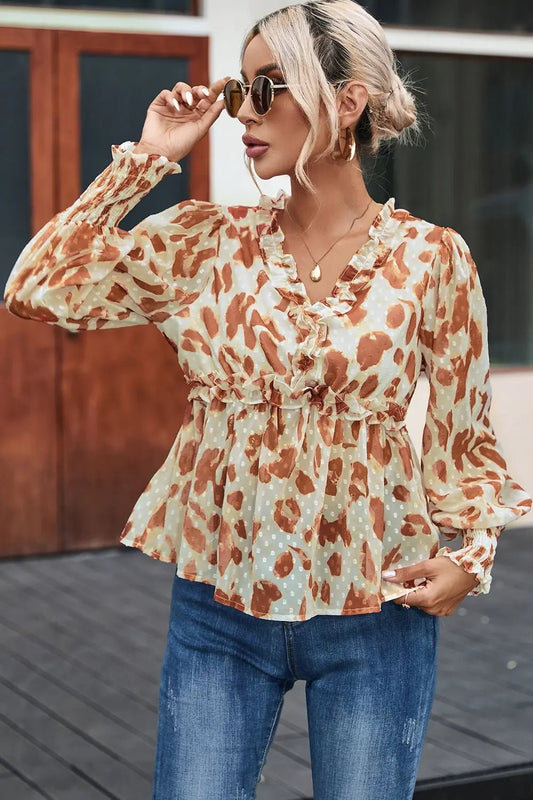 Frill Printed V - Neck Lantern Sleeve Blouse - Celeste