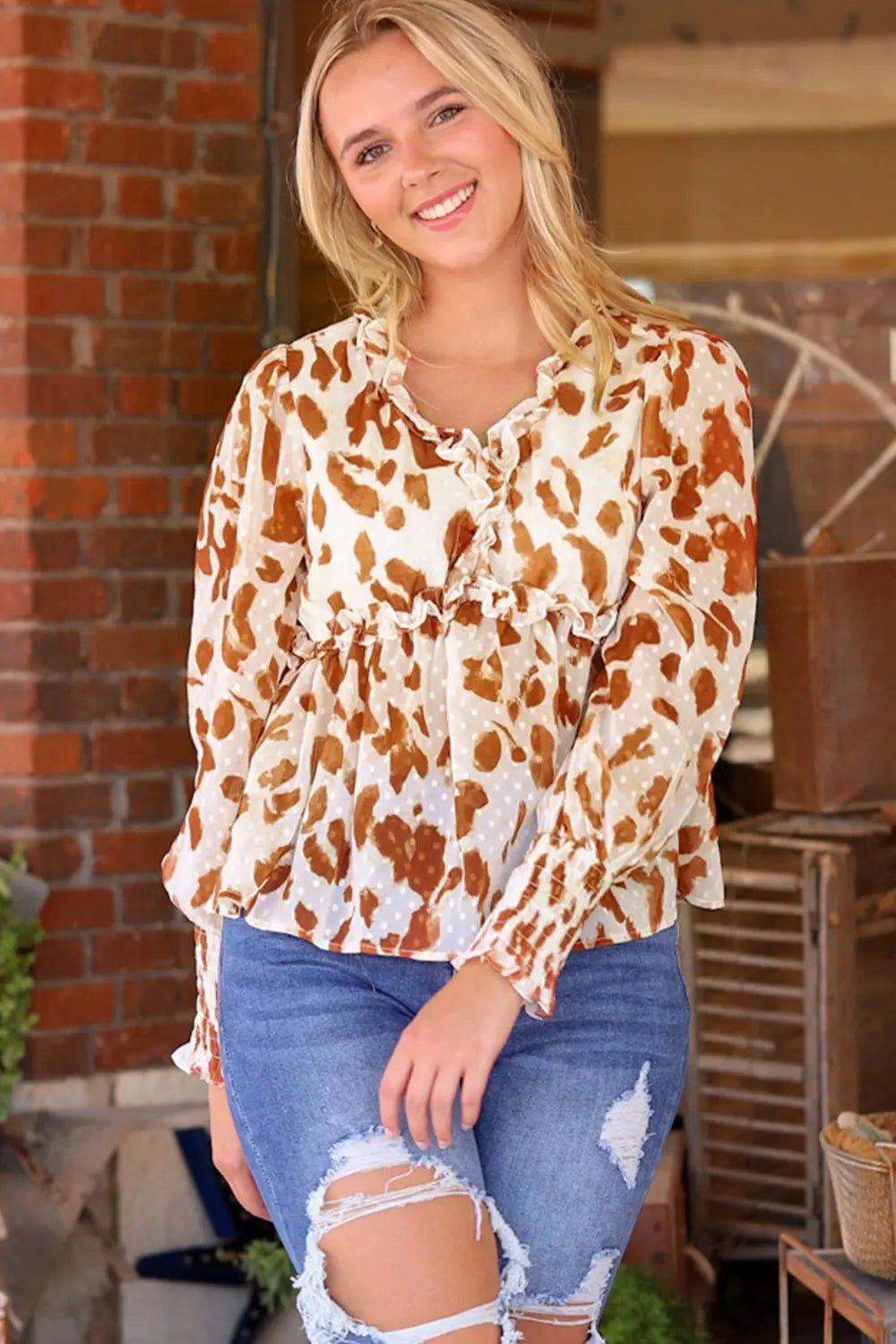 Frill Printed V - Neck Lantern Sleeve Blouse - Celeste