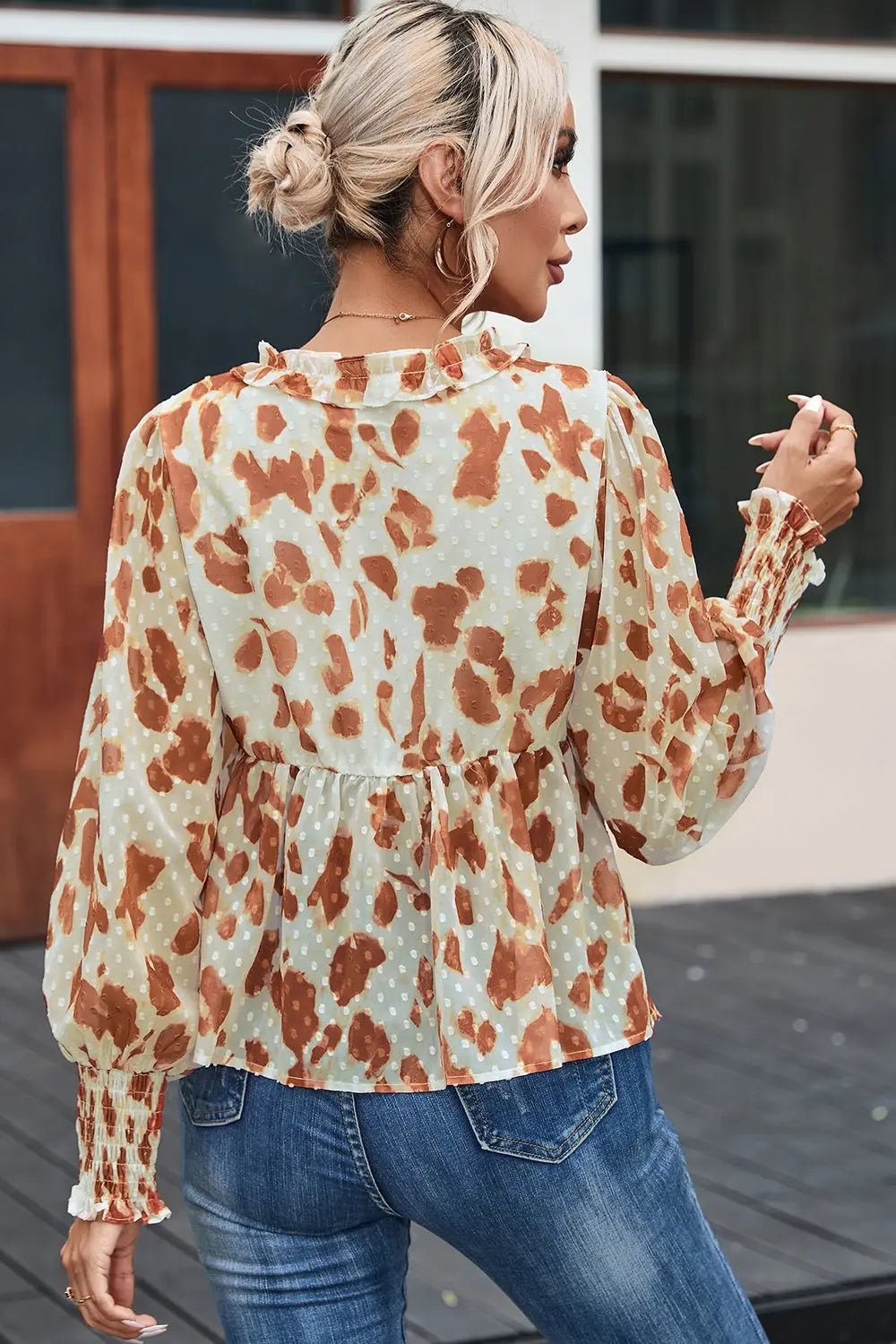 Frill Printed V - Neck Lantern Sleeve Blouse - Celeste