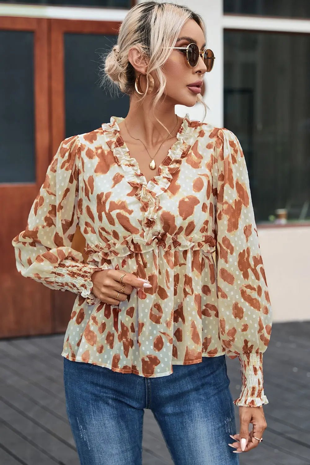 Frill Printed V - Neck Lantern Sleeve Blouse - Celeste