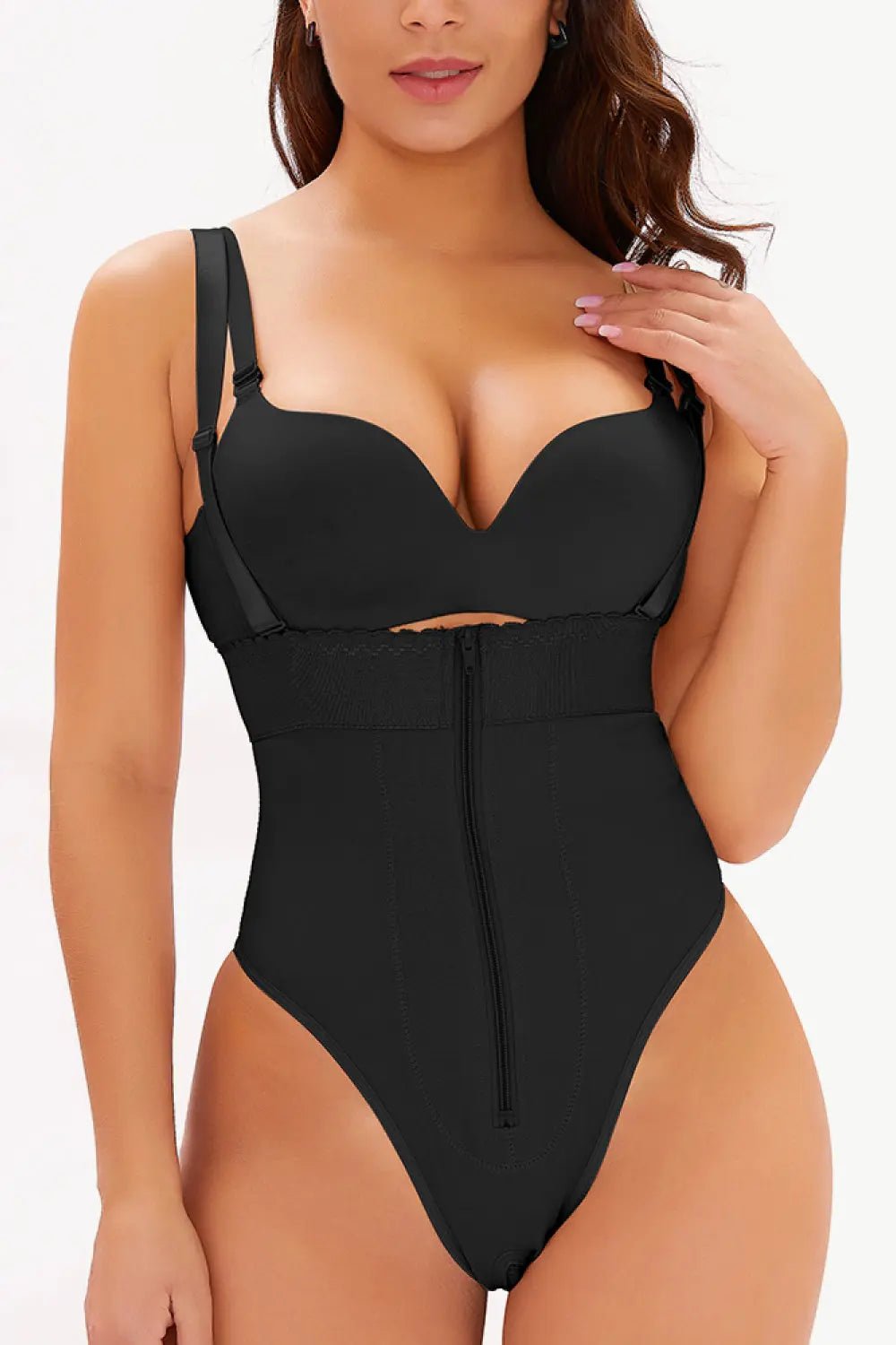 Full Size Adjustable Strap Zip - Up Shaping Bodysuit - Celeste