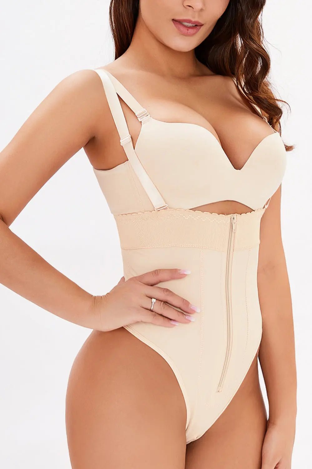 Full Size Adjustable Strap Zip - Up Shaping Bodysuit - Celeste