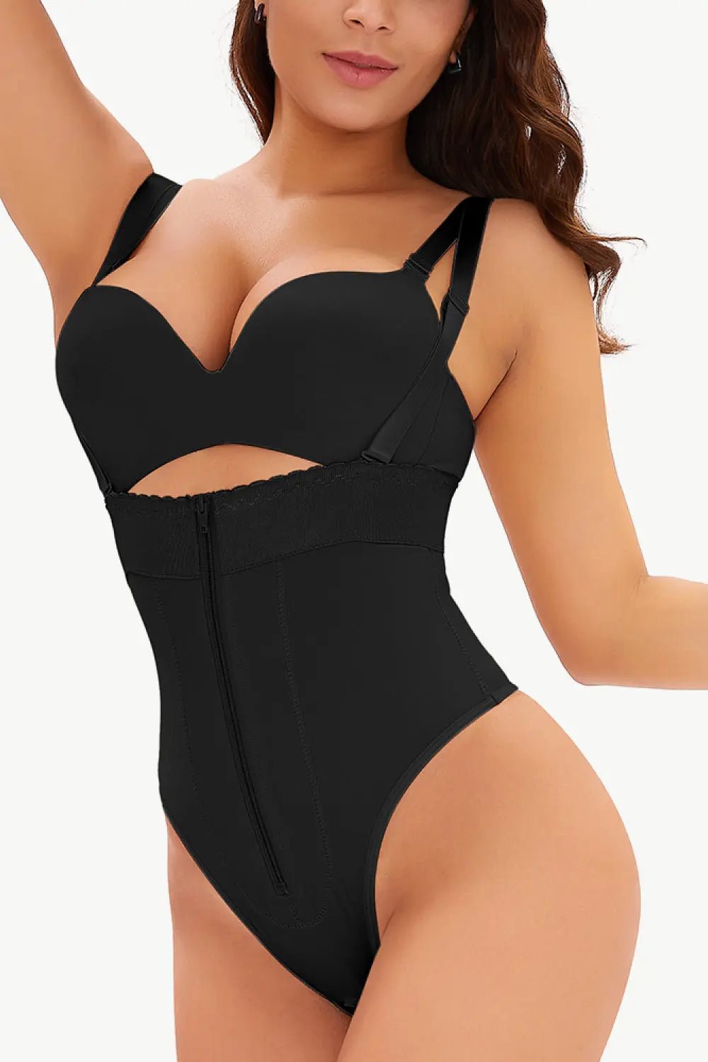 Full Size Adjustable Strap Zip - Up Shaping Bodysuit - Celeste