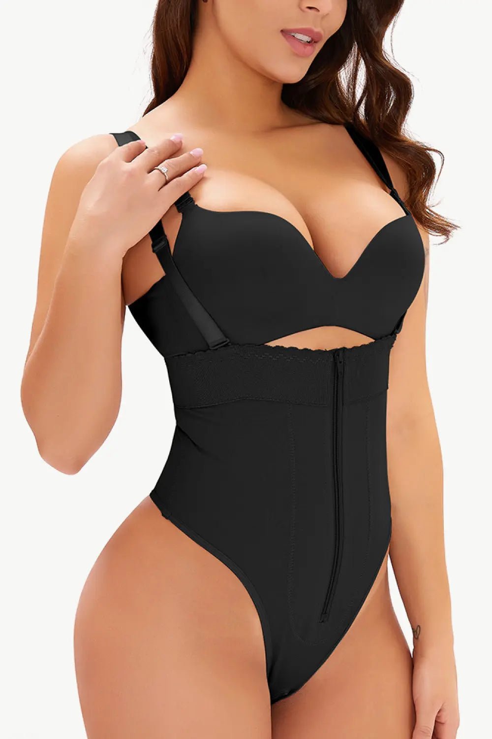 Full Size Adjustable Strap Zip - Up Shaping Bodysuit - Celeste