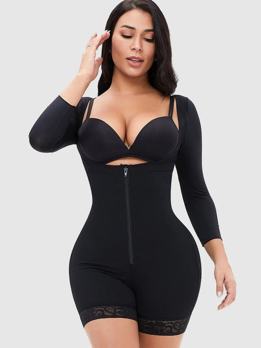 Full Size Zip Up Lace Detail Long Sleeve Shapewear - Celeste