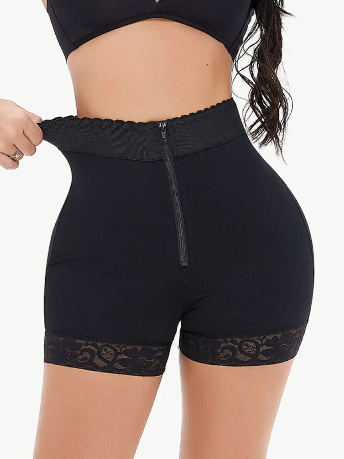 Full Size Zip - Up Lace Trim Shaping Shorts - Celeste