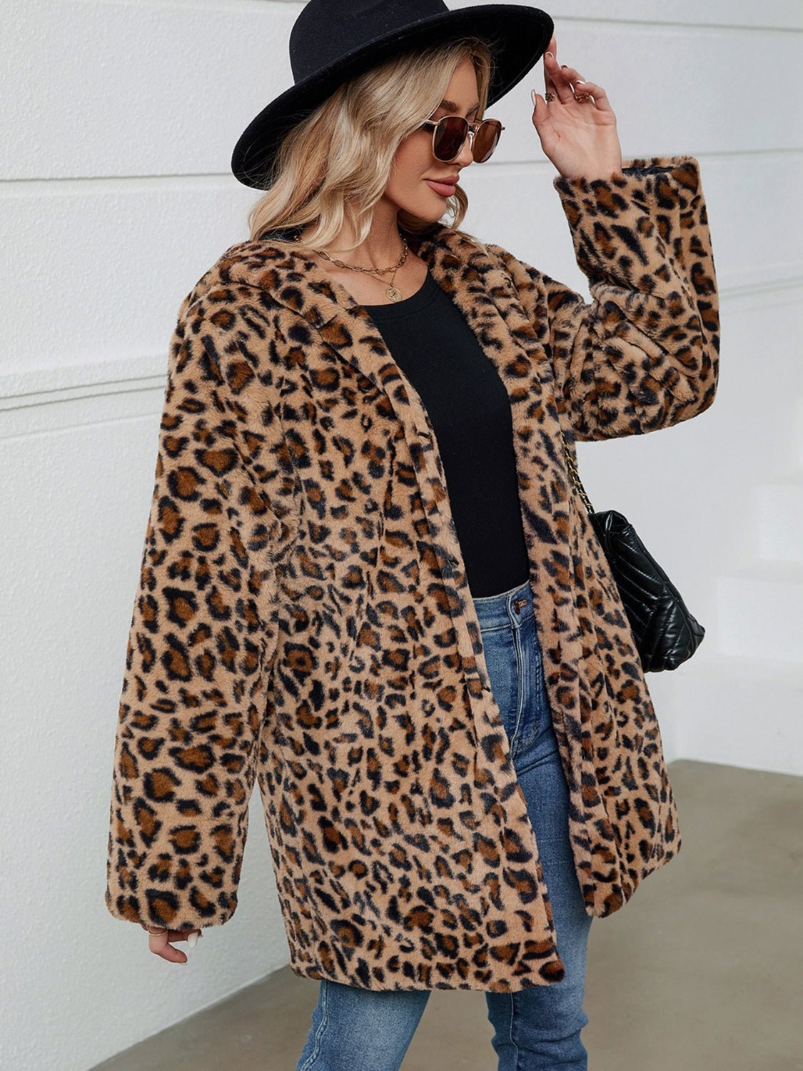 Fuzzy Leopard Hooded Long Sleeve Jacket - Celeste