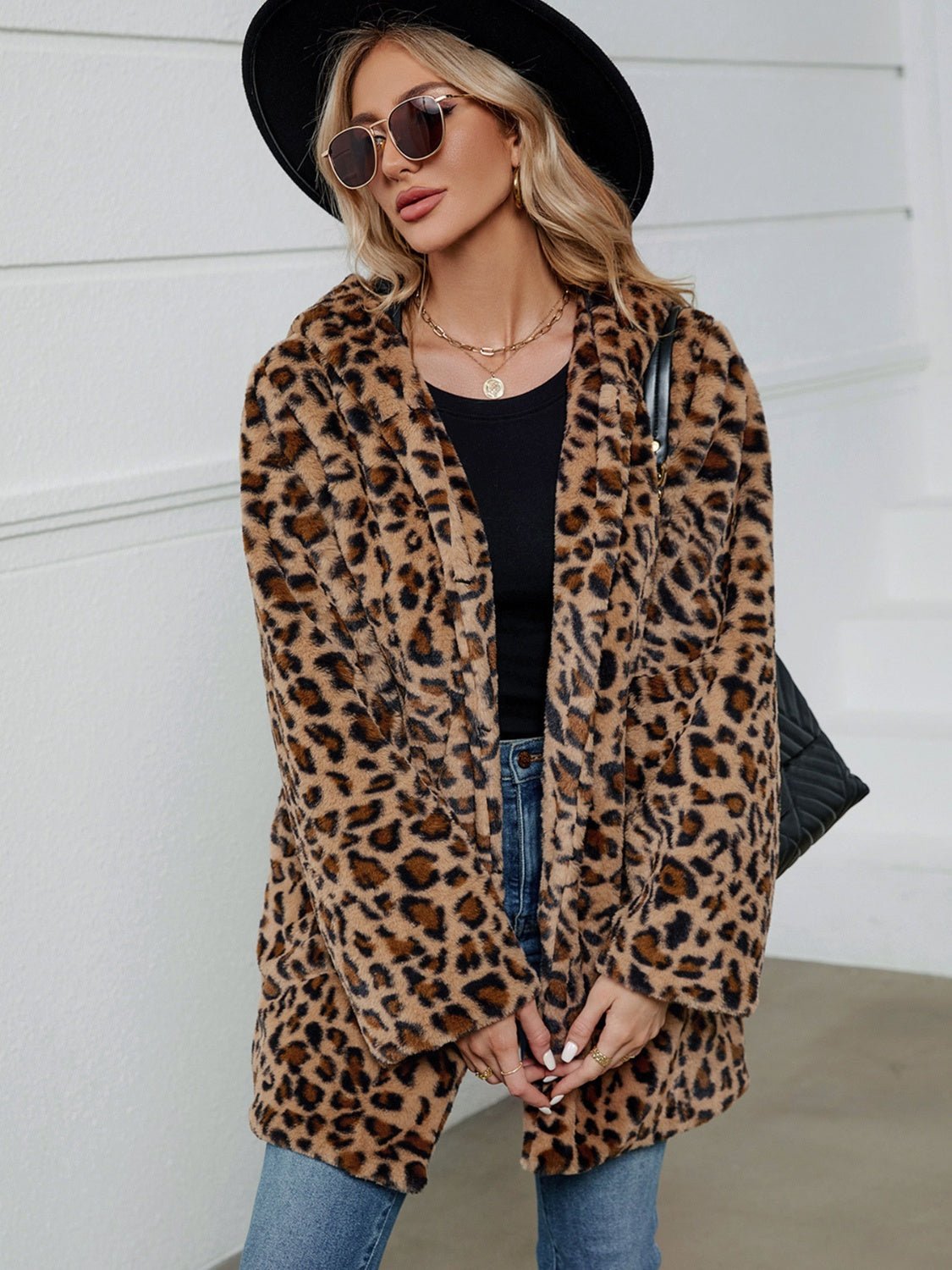 Fuzzy Leopard Hooded Long Sleeve Jacket - Celeste