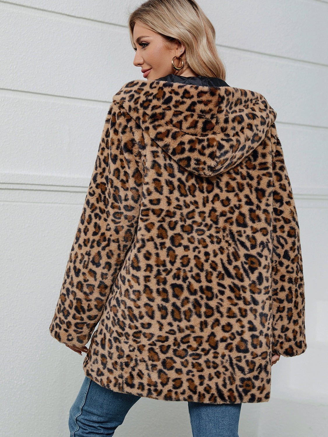 Fuzzy Leopard Hooded Long Sleeve Jacket - Celeste