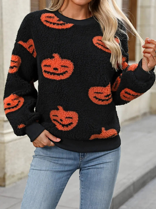 Fuzzy Pumpkin Round Neck Dropped Shoulder Sweater - Celeste