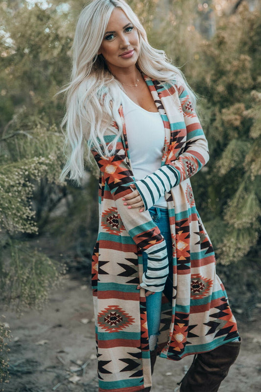 Geometric Color Block Open Front Long Cardigan - Celeste