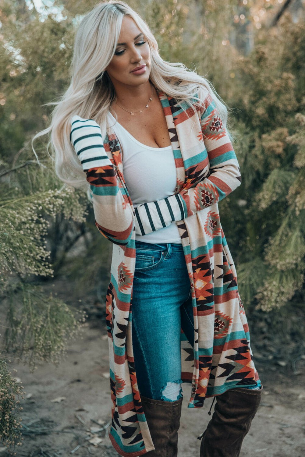 Geometric Color Block Open Front Long Cardigan - Celeste