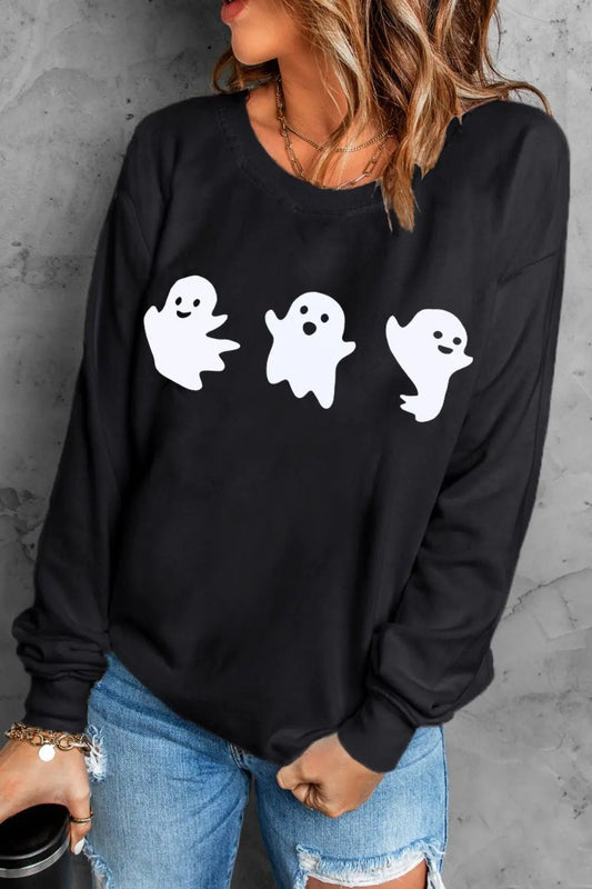 Ghost Round Neck Long Sleeve Sweatshirt - Celeste