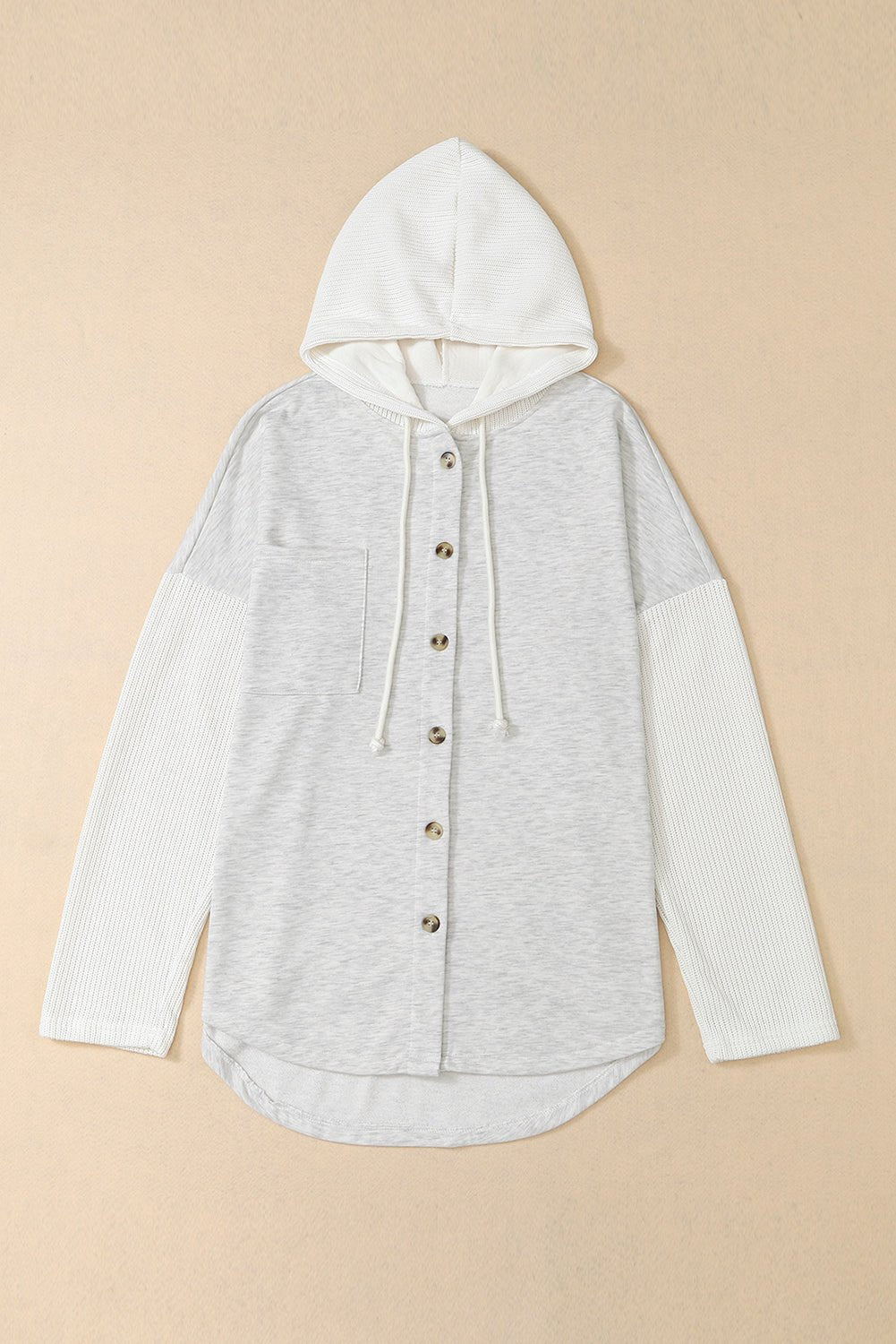 Gray Button Up Contrast Knitted Sleeves Hooded Jacket - Celeste