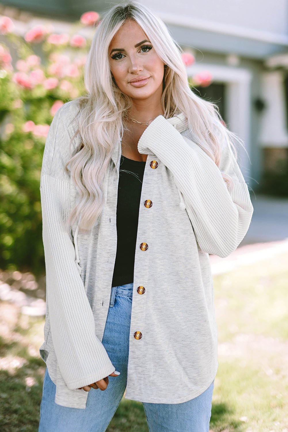 Gray Button Up Contrast Knitted Sleeves Hooded Jacket - Celeste