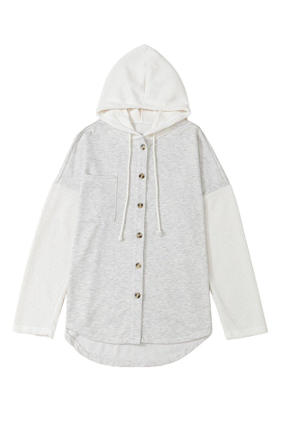 Gray Button Up Contrast Knitted Sleeves Hooded Jacket - Celeste