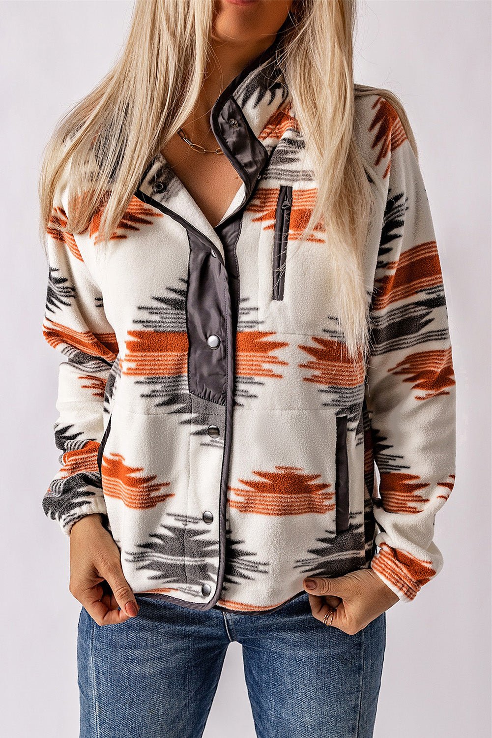 Gray Western Aztec Snap Buttoned Fleece Jacket - Celeste