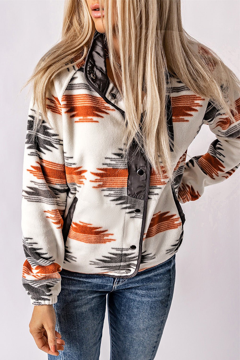 Gray Western Aztec Snap Buttoned Fleece Jacket - Celeste