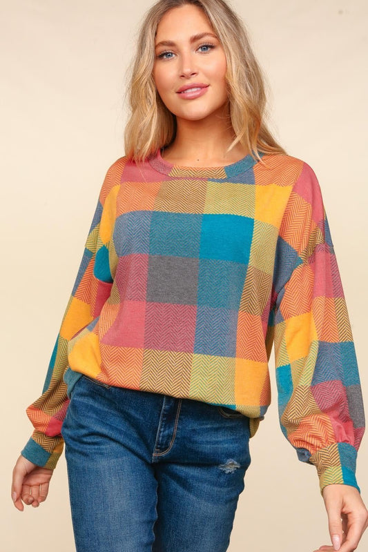 Haptics Contrast Plaid Round Neck Sweater - Celeste