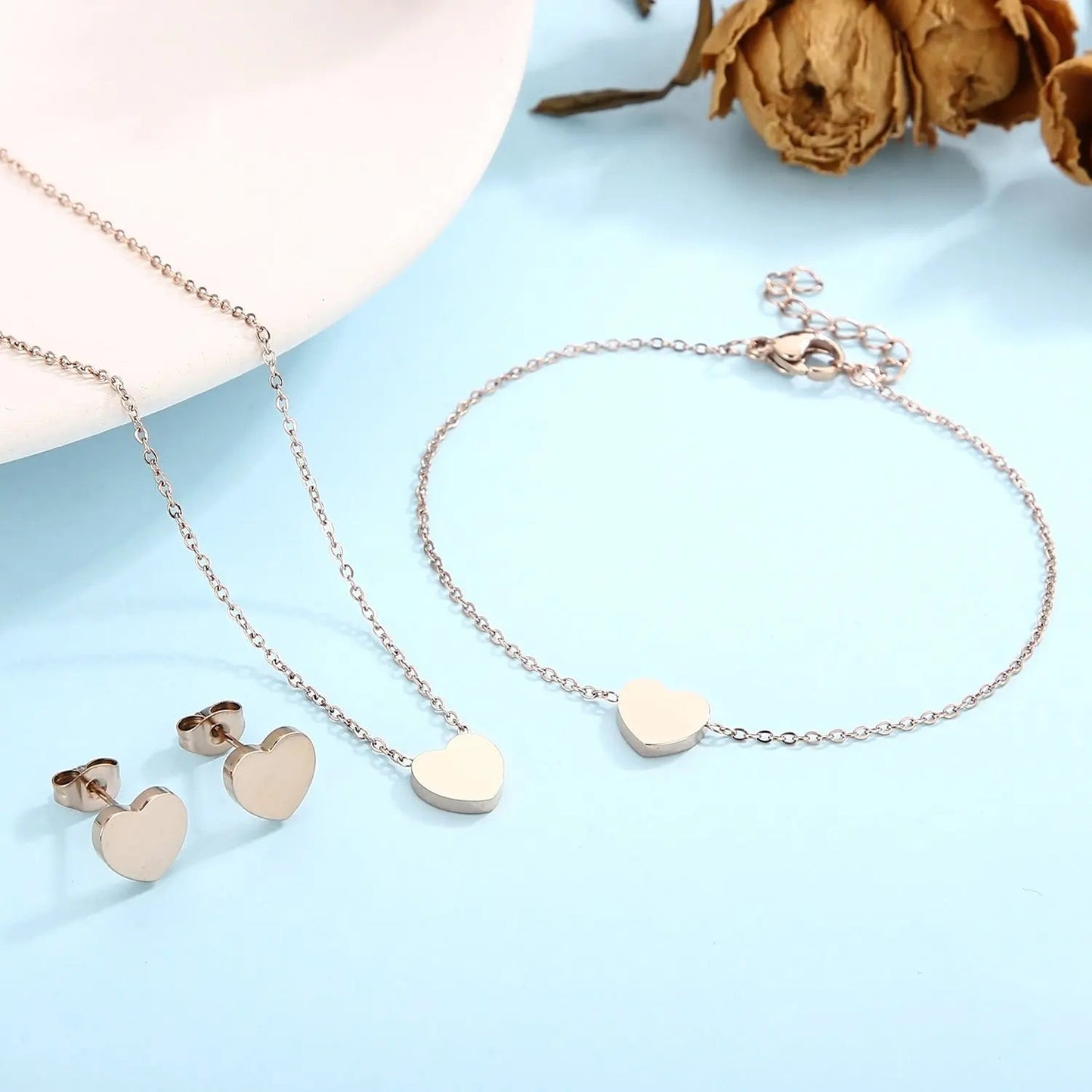 Heart Necklace, Bracelet and Stud Earrings Jewelry Set - Celeste