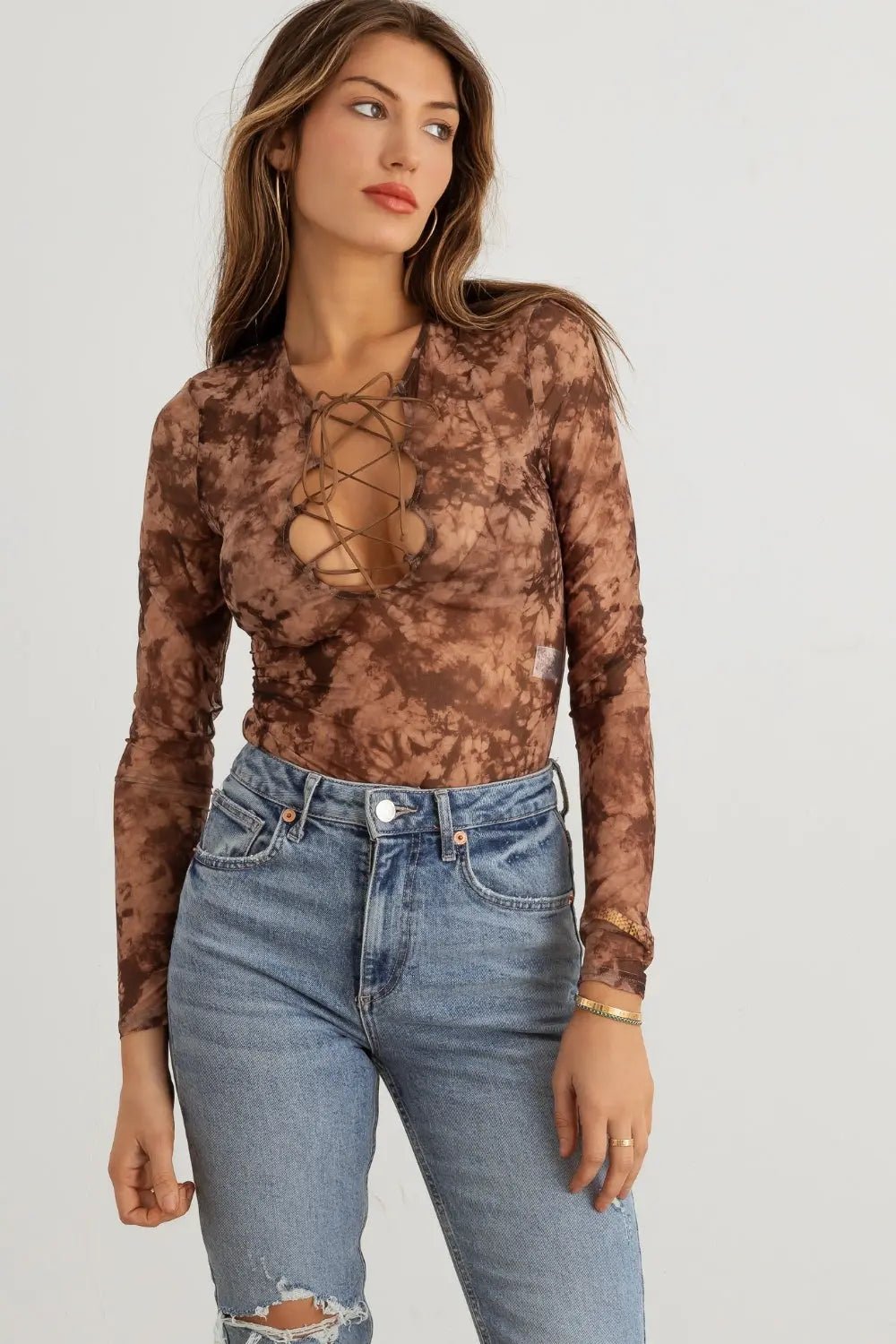 HERA COLLECTION Abstract Mesh Lace-Up Long Sleeve Bodysuit - Celeste    