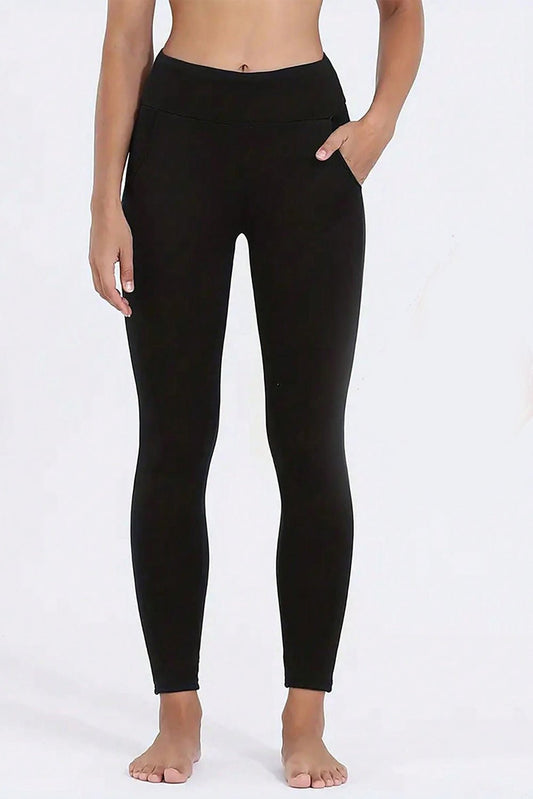 High Waist Wide Waistband Fleece Leggings - Celeste