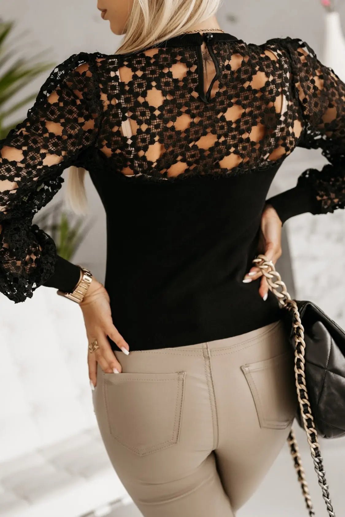 Hollowed Floral Lace Spliced Long Sleeve Blouse - Celeste