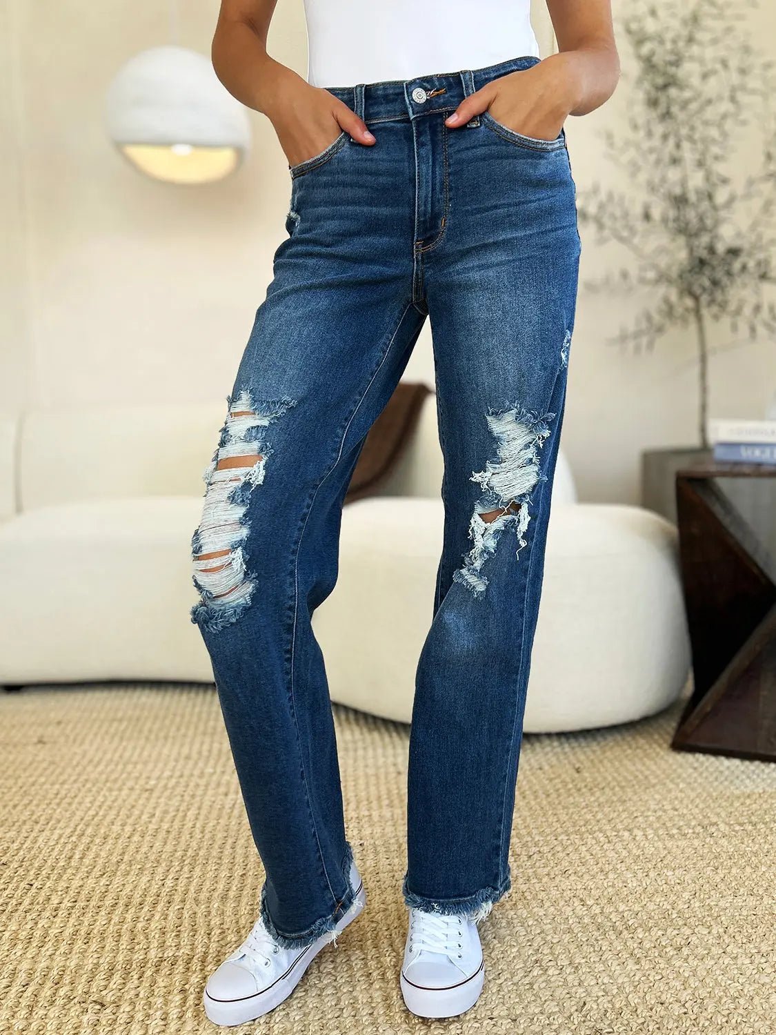 Judy Blue Full Size Mid Rise Distressed Raw Hem Jeans - Celeste