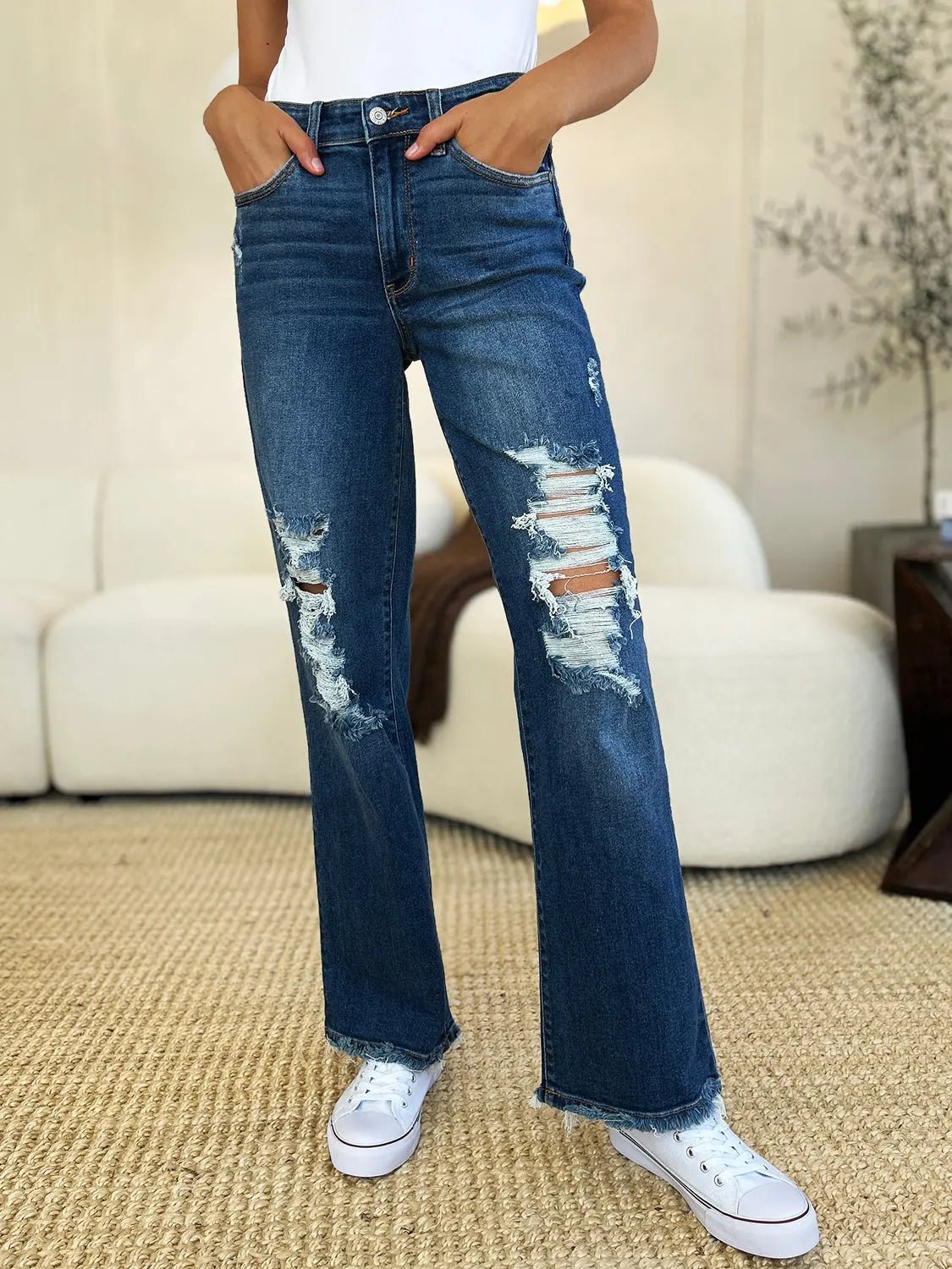 Judy Blue Full Size Mid Rise Distressed Raw Hem Jeans - Celeste